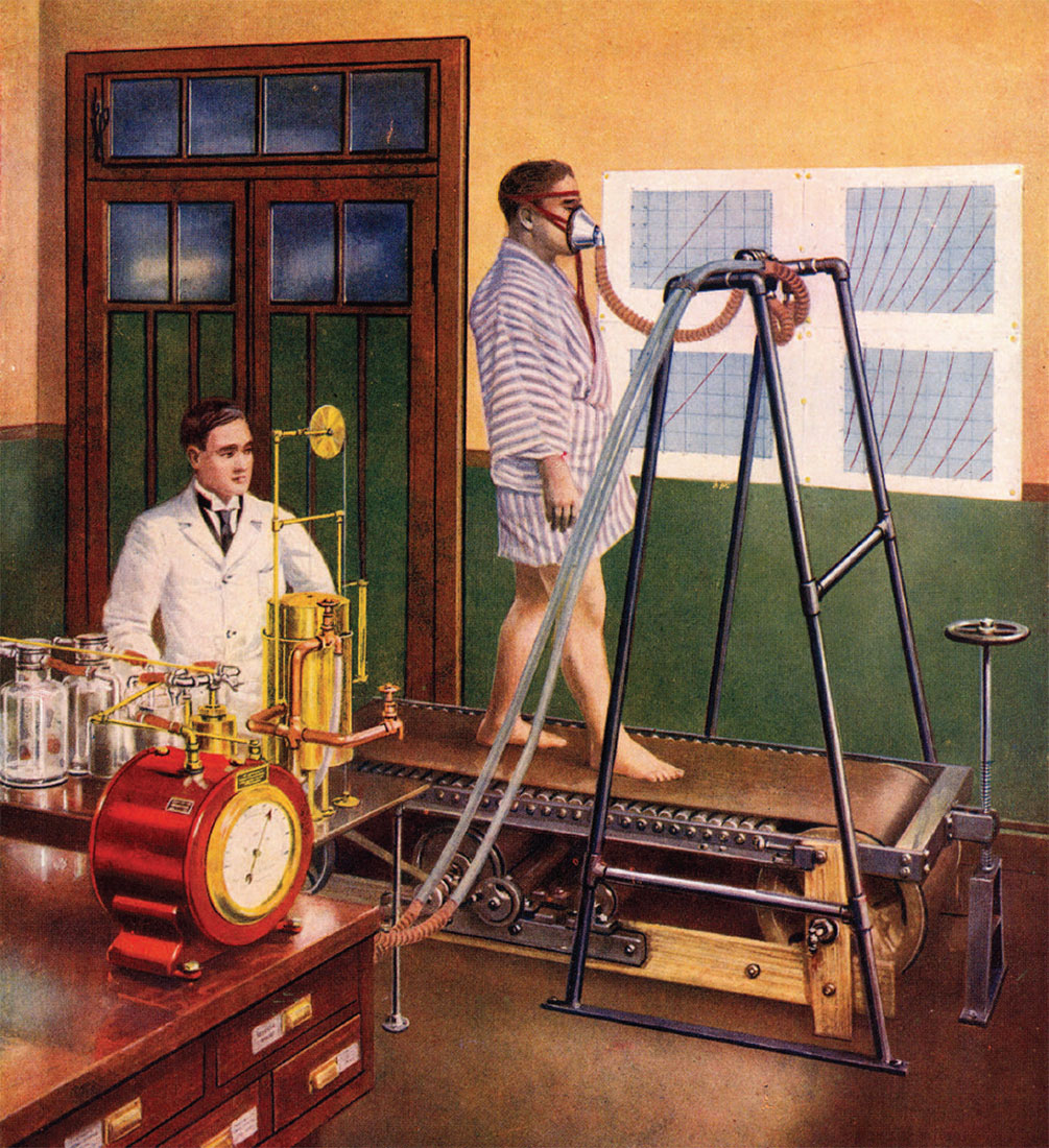Image of man walking on treadmill while scientist monitors